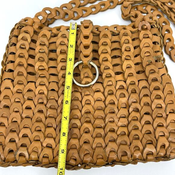 Handwoven Leather Crocheted Shoulder Bag Purse Caramel - Picture 6 of 10